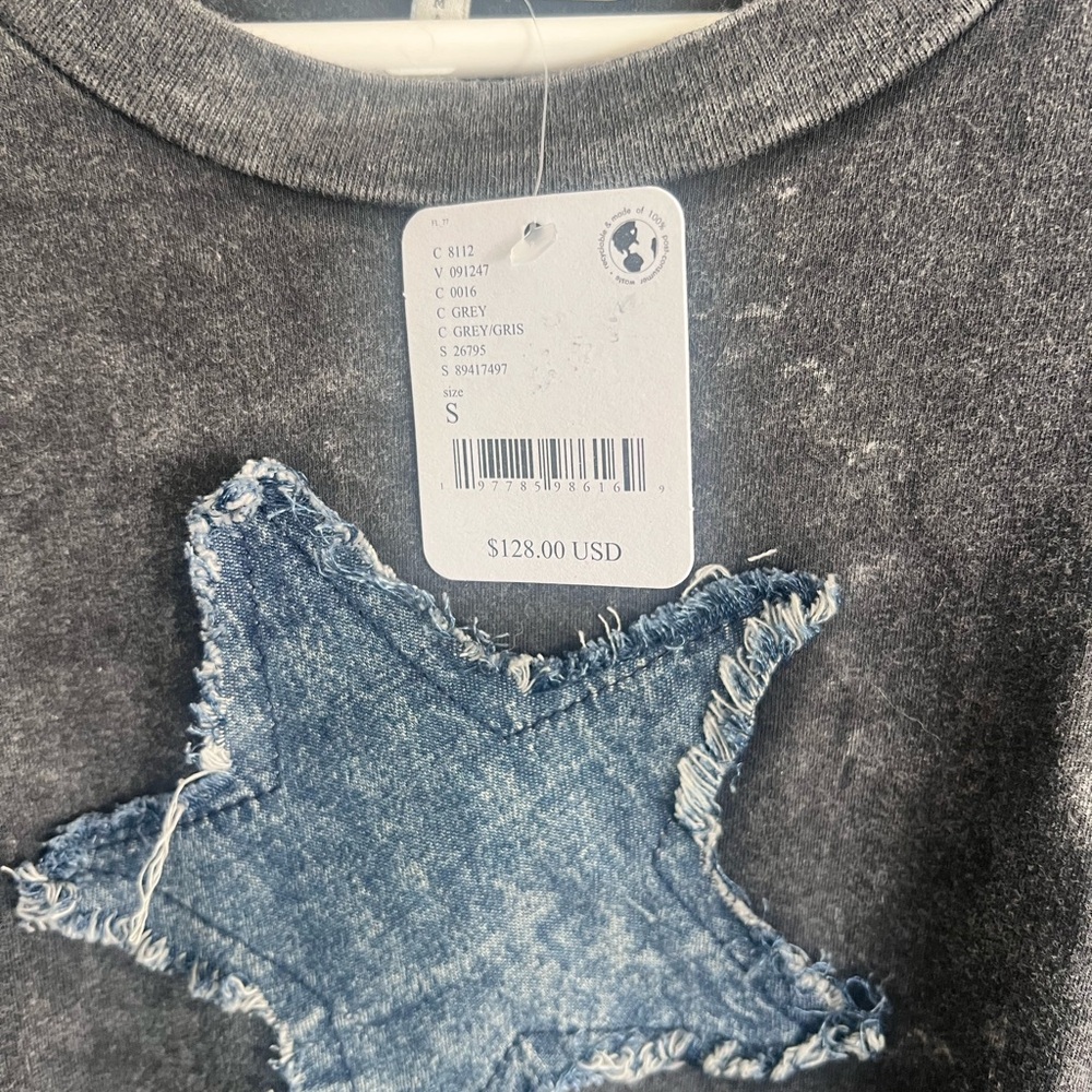 One Teaspoon Free People Gray Long Sleeve Top with denim blue Star Accents - Picture 4 of 6